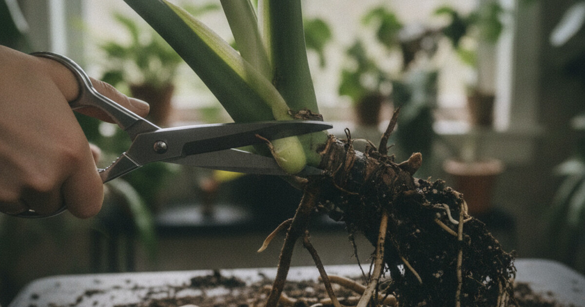 Monstera plant with mushy brown stem being cut back to save it from stem rot