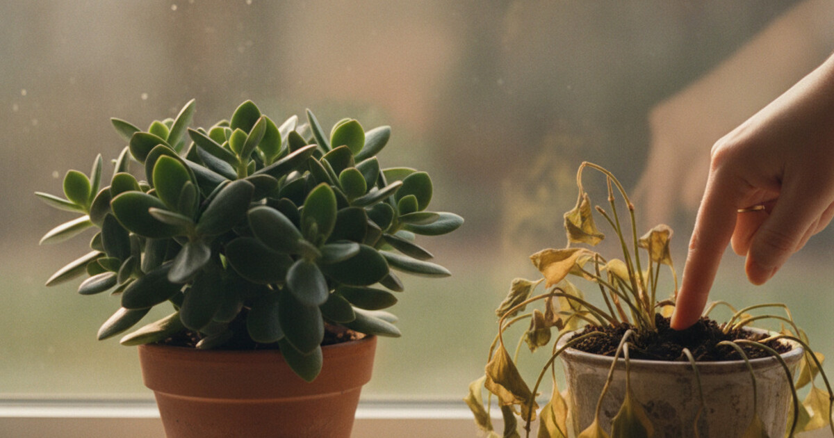 A healthy potted houseplant beside a drooping, yellowing one on a windowsill, with a finger testing the soil moisture