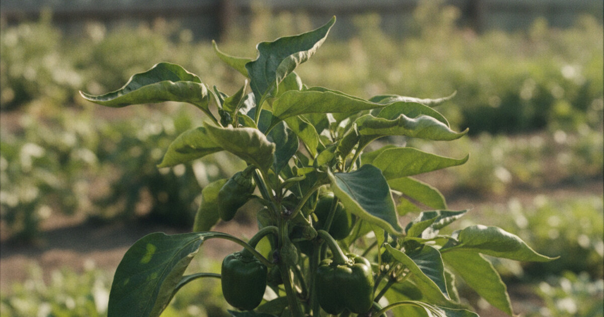 Pepper plant with curling leaves in a vegetable garden on a sunny day