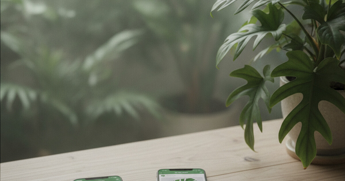Two smartphones side by side showing plant apps next to a healthy green tropical houseplant