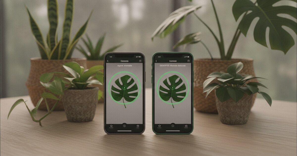 Two smartphones side by side comparing PictureThis and PlantSnap plant identification apps