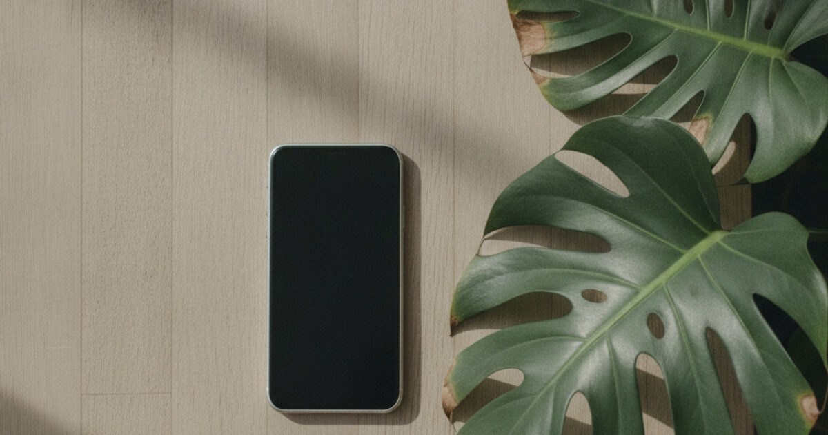 A smartphone showing a plant diagnosis app screen next to a monstera with brown spots on its leaves, soft natural indoor light