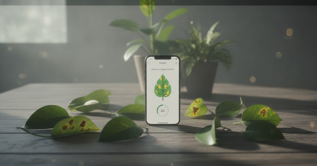 Smartphone showing a plant diagnosis app result next to a houseplant with yellow leaves