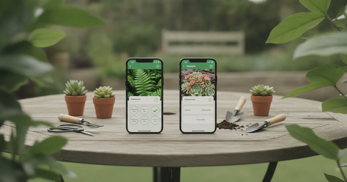 Two smartphones side by side showing plant identification app interfaces in a garden setting