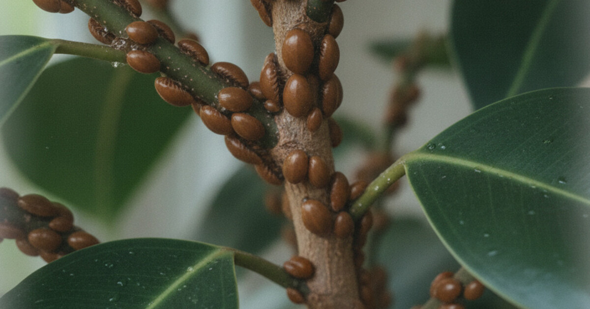 Close-up of brown scale insects on ficus tree stems with sticky honeydew residue on leaves