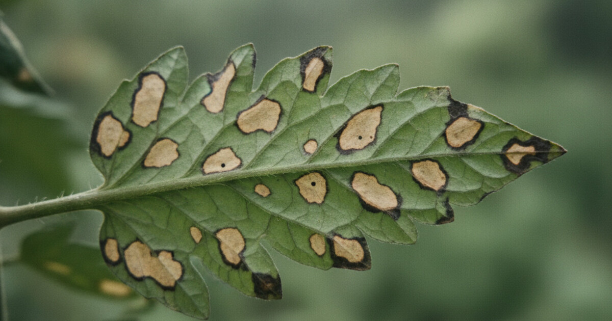 Tomato leaf with circular tan spots and dark brown borders, showing classic septoria leaf spot disease symptoms