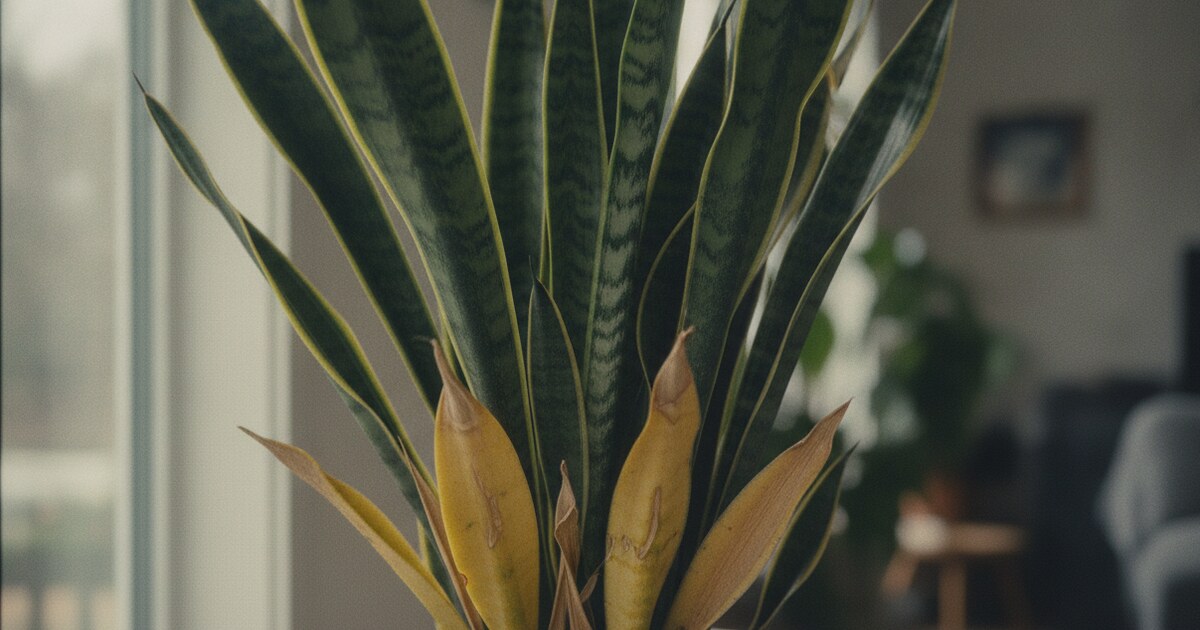 Snake plant with yellowing leaves at the base contrasting with healthy dark green upright leaves