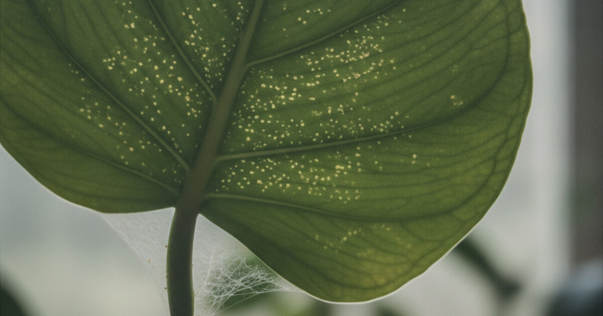 Monstera leaf with spider mite damage showing yellow stipple dots and fine webbing at the petiole junction
