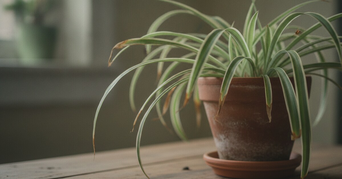 Spider plant with brown crispy tips on long arching green and white striped leaves
