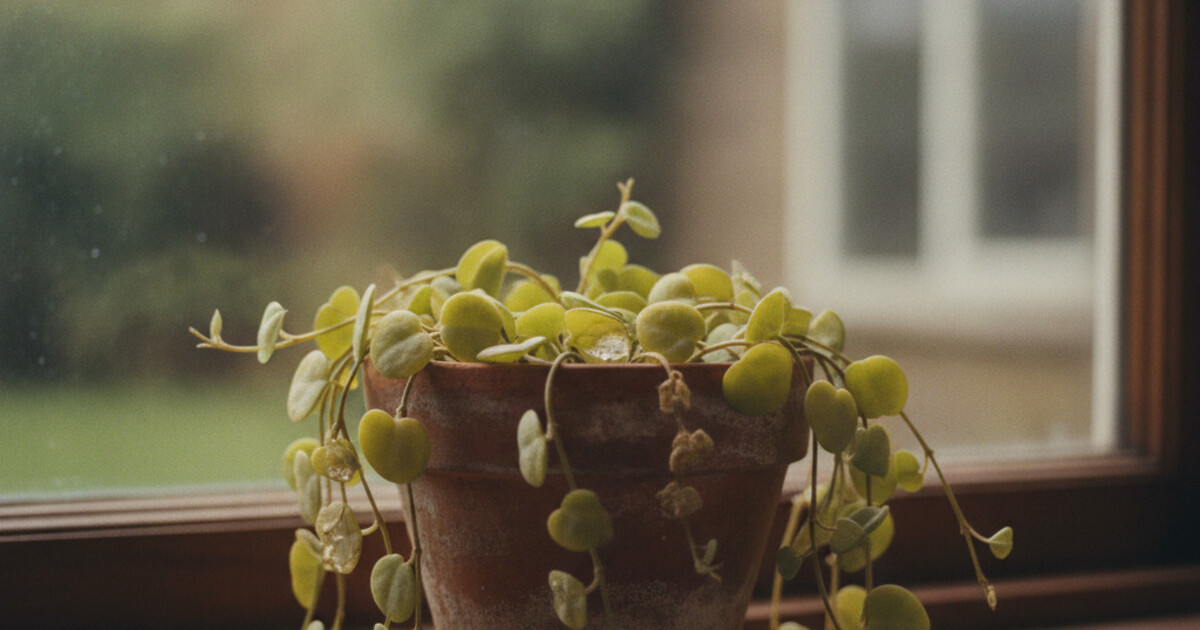 String of hearts plant with mushy yellowing leaves drooping from overwatering, displayed against a light background