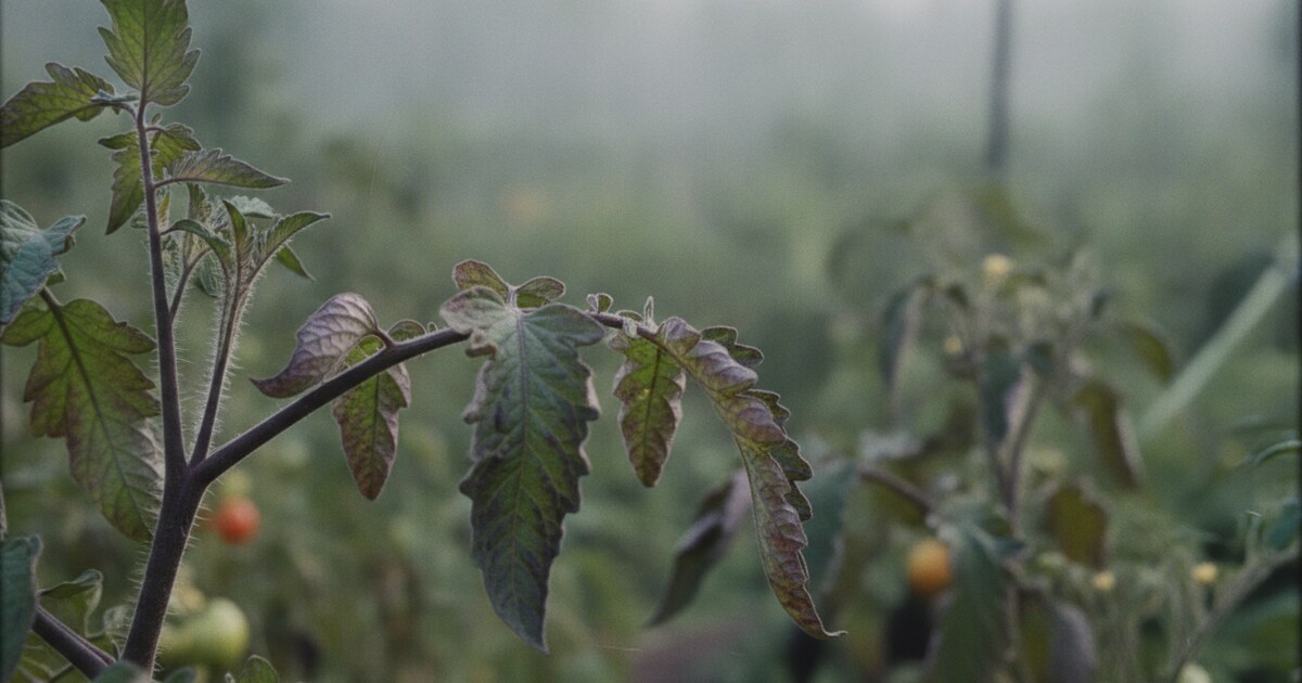 Tomato plant leaves showing reddish-purple discoloration on undersides and along veins, photographed in natural garden light