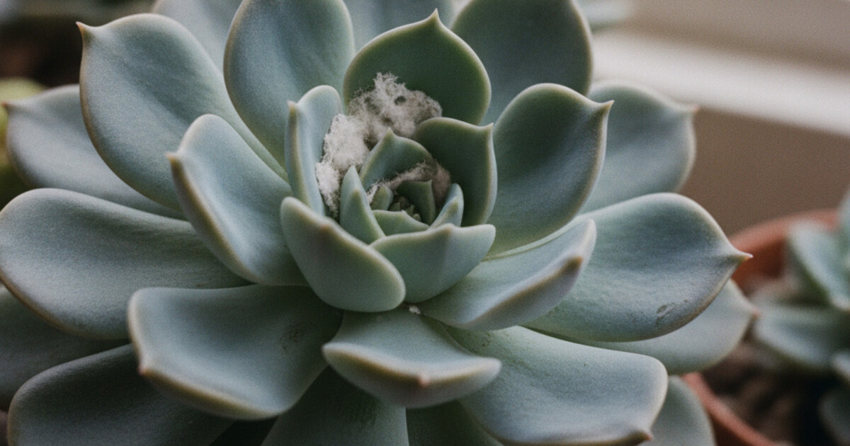 Close-up of white cottony mealybug clusters nestled between echeveria succulent leaves alongside a healthy farina-coated leaf