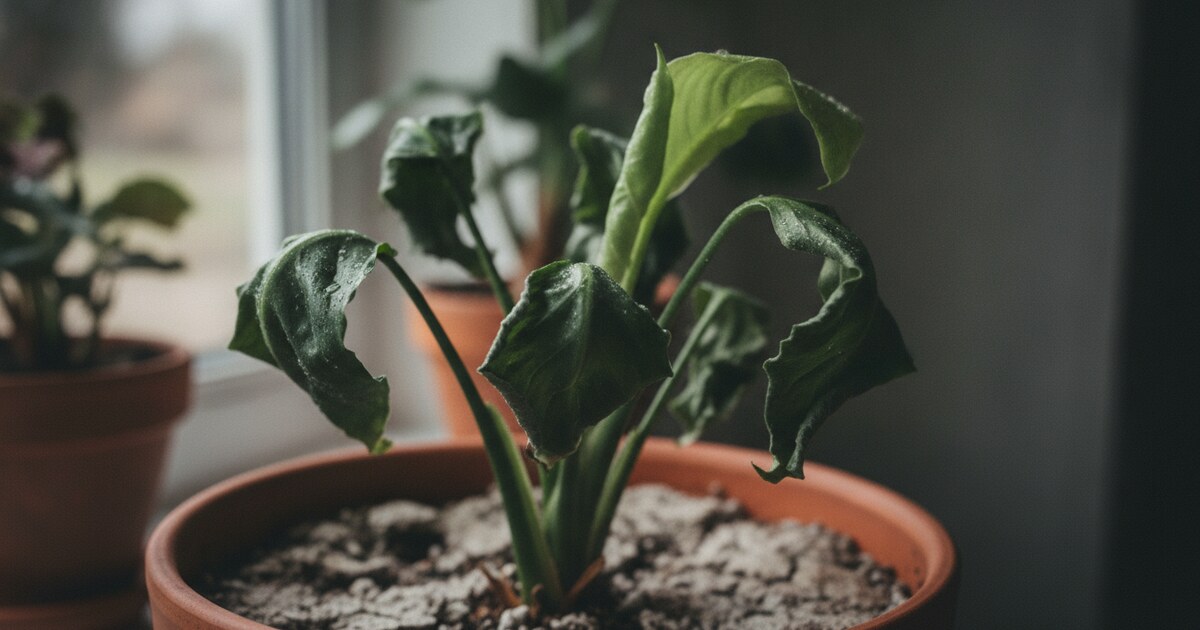 Houseplant leaves curling inward from drought stress with dry soil visible