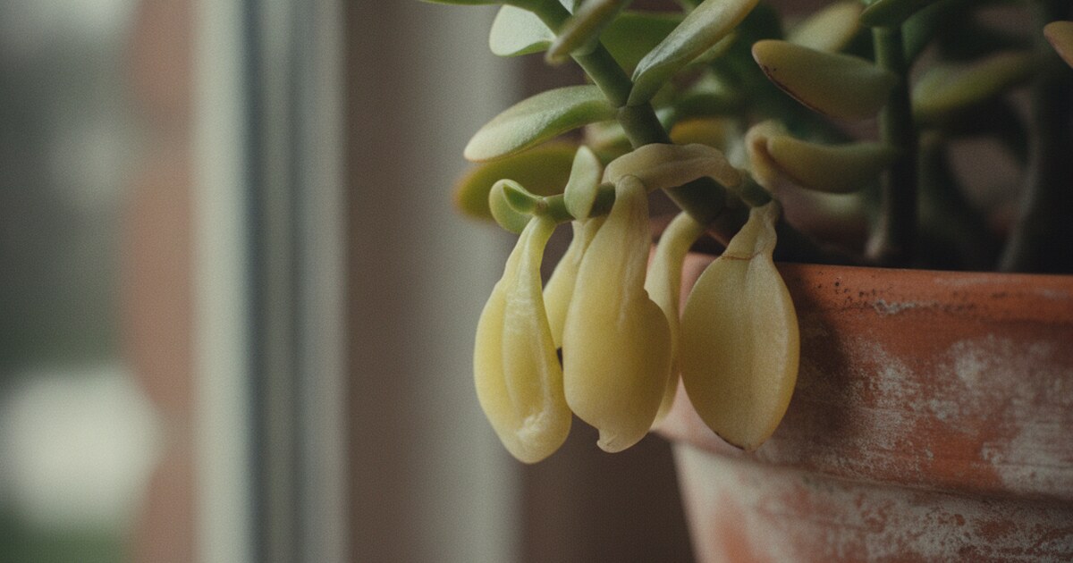 Jade plant with soft, mushy, translucent leaves caused by overwatering and root rot