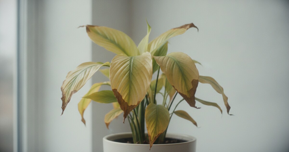 Peace lily with yellow leaves showing overwatering symptoms